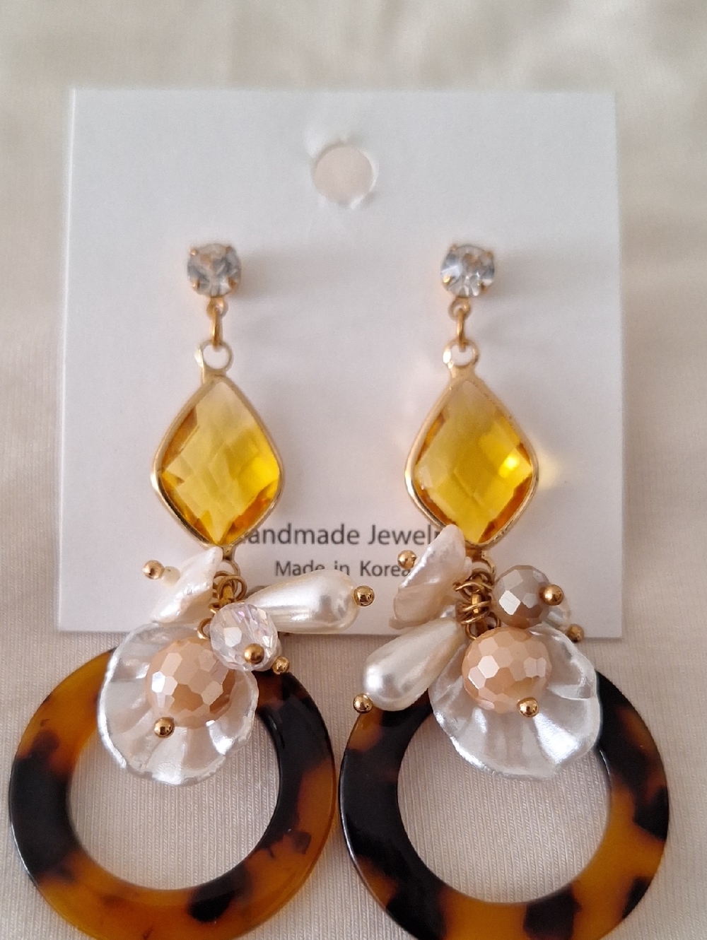 Handmade Gold-Citrine Crystal & Tortoiseshell Hoop Drop Earrings